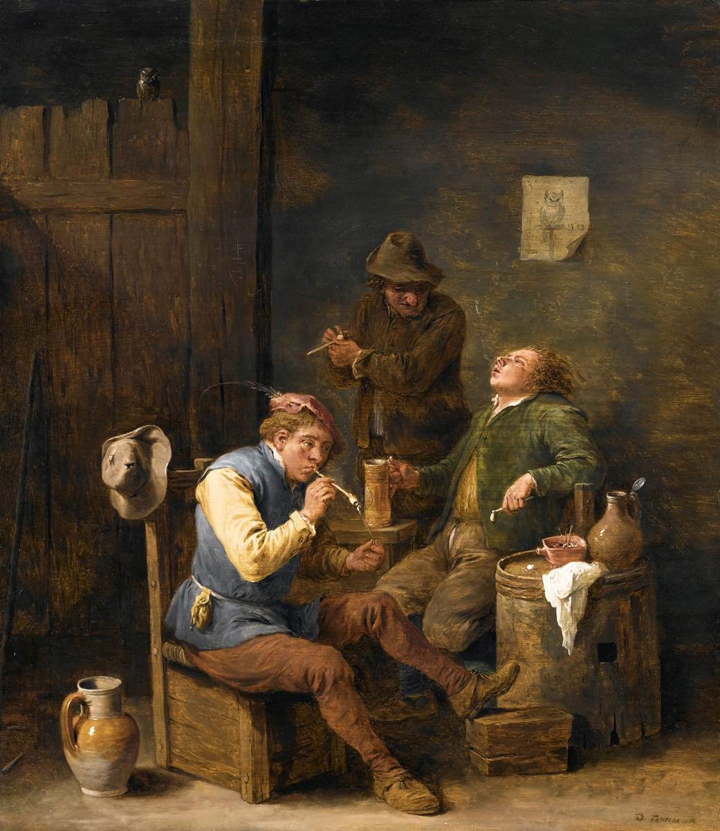 three smokers and drinkers in a tavern interior